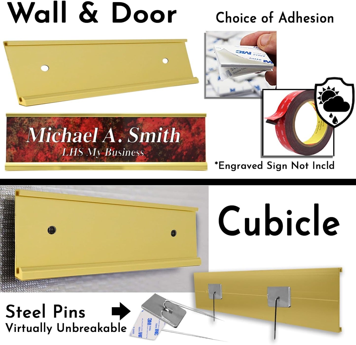 2x12 Executive Name Plate Holder, Yellow Aluminum Adhesive Door Mount for Wall Plaques, Mailbox Signs and Cubicles | Made in USA