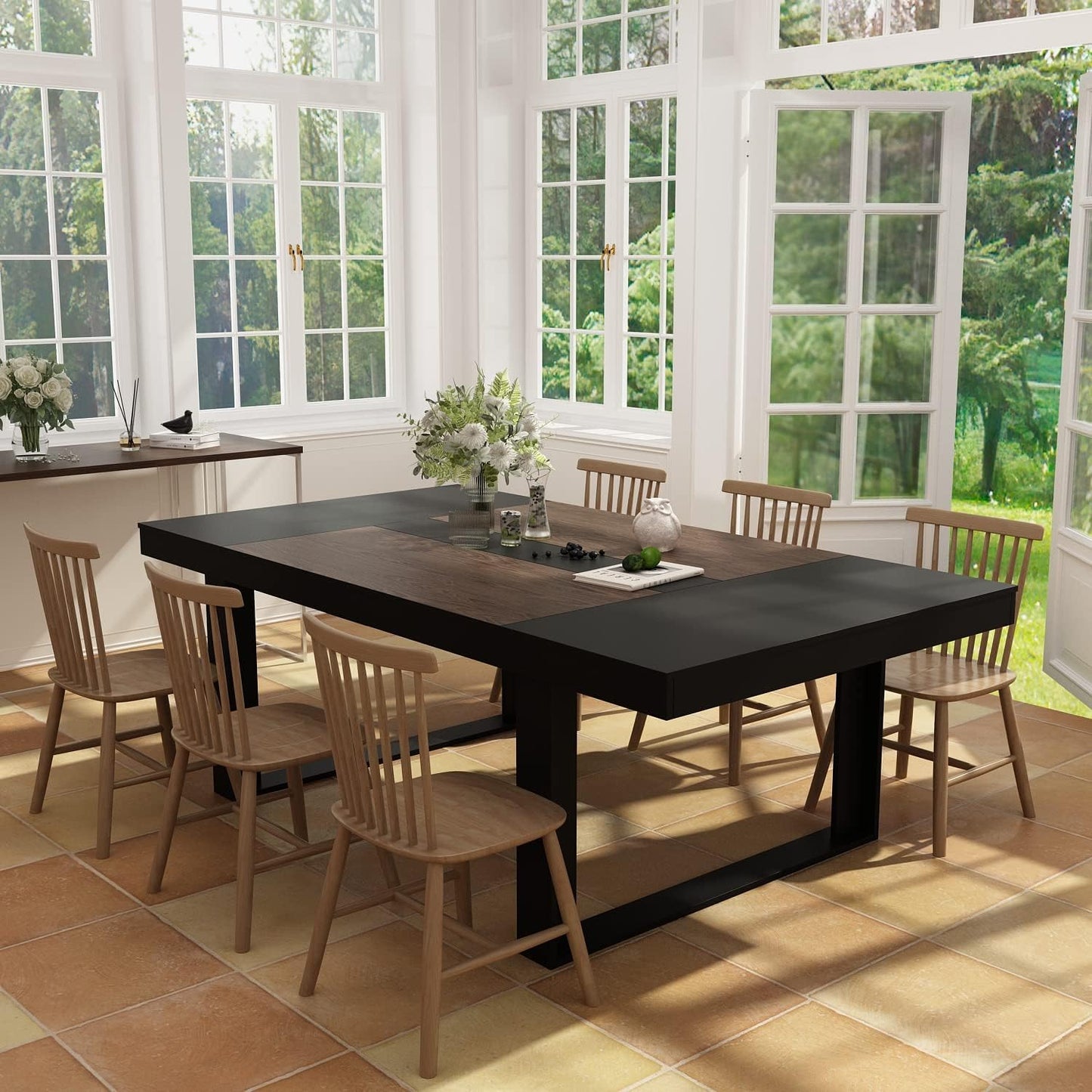 ECACAD 7FT Conference Table for 6-8 People, Large Rectangular Meeting Table, Modern Seminar Table for Office Meeting Conference Room, Black and Deep Brown (86.8”L x 47.2”W x 29.4”H)