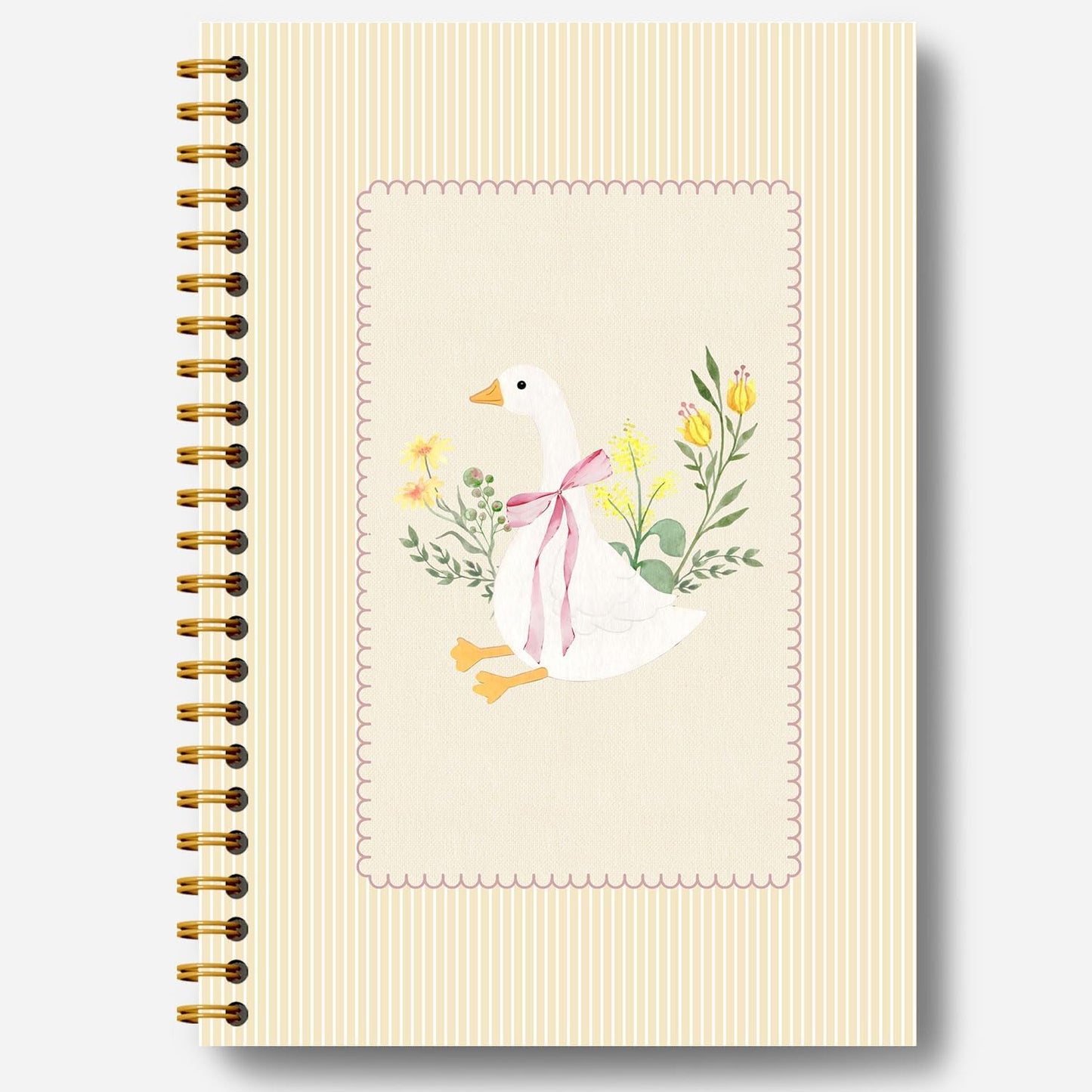 Guymn Light Beige Floral Goose Notebook, Preppy Pink Bow Goose Journal for Kids Girls, Geese Animal Lover Gifts Hardcover Spiral Notebooks Journals 5.5x8.3 Inch