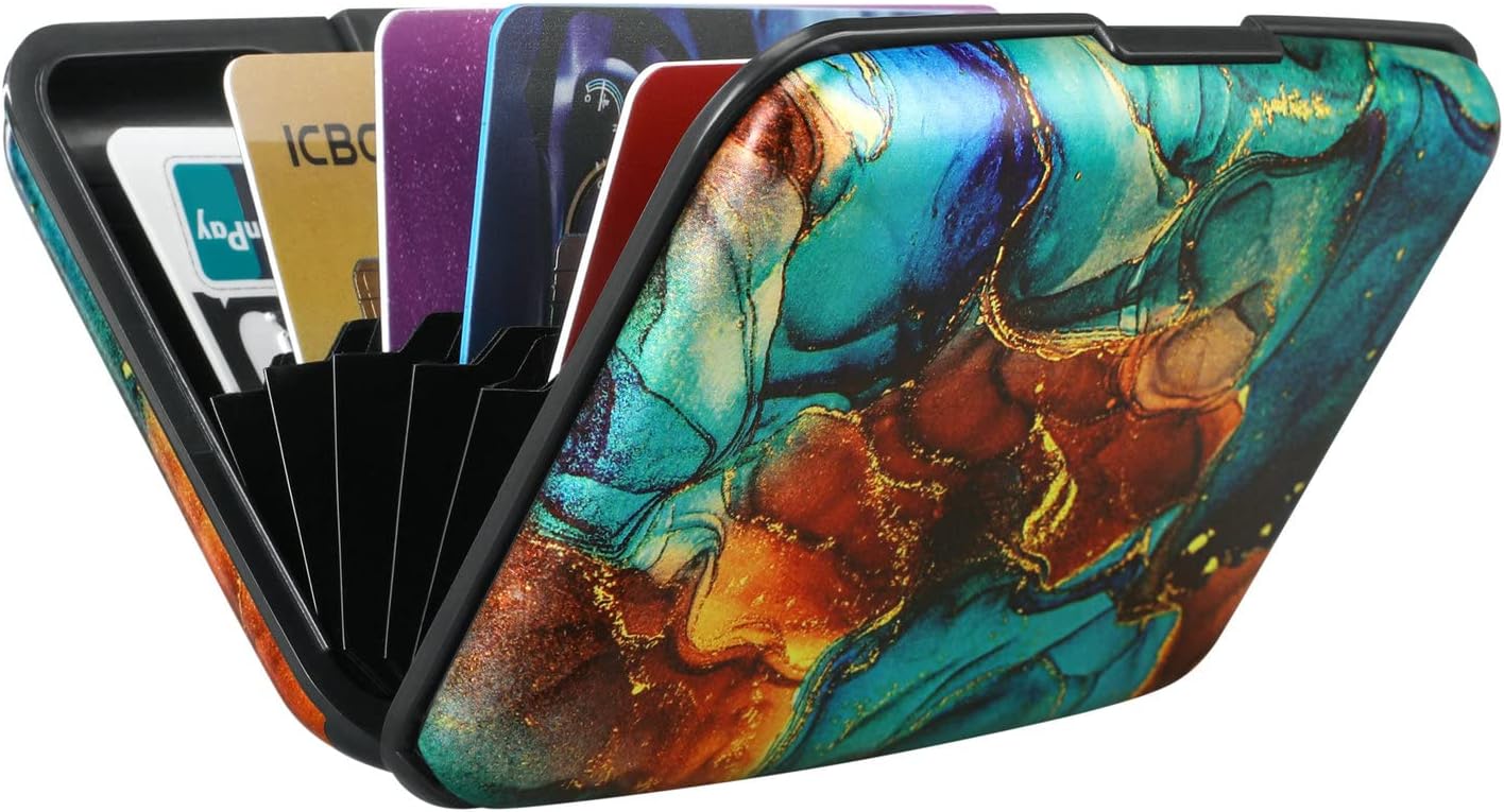 ELFISH Mini RFID Aluminum Wallet Credit Cards Holder Business Card Case Metal ID Case for Men Women（Blue Brown Marble