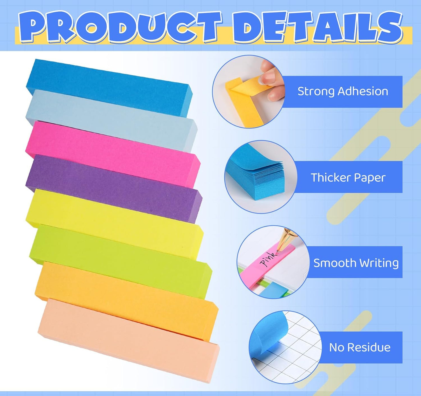 24 Pack Sticky NotesTabs Pads,2400 Sheets Index Tabs,2.99 * 0.62in Small Self-Stick Page Markers,8 Bright Colors Page Flags Mini Self-Stick Pads to Post for Office,School,Home,Meeting,Back to School