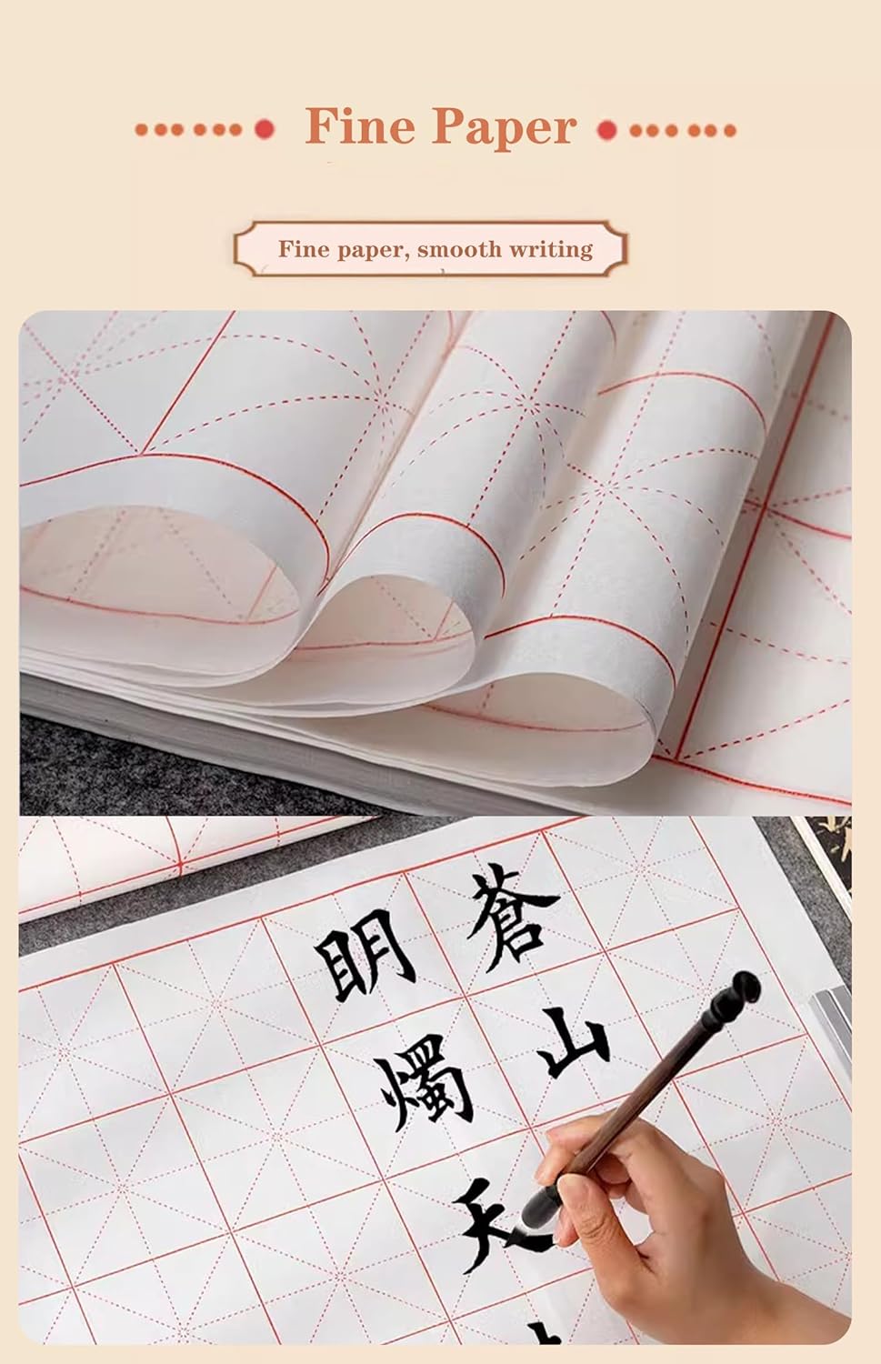Xuan Paper, Chinese Calligraphy Paper with Grid for Practice, Rice Paper for Brush Writing(White, Grid-7.5cm,100 Sheets)