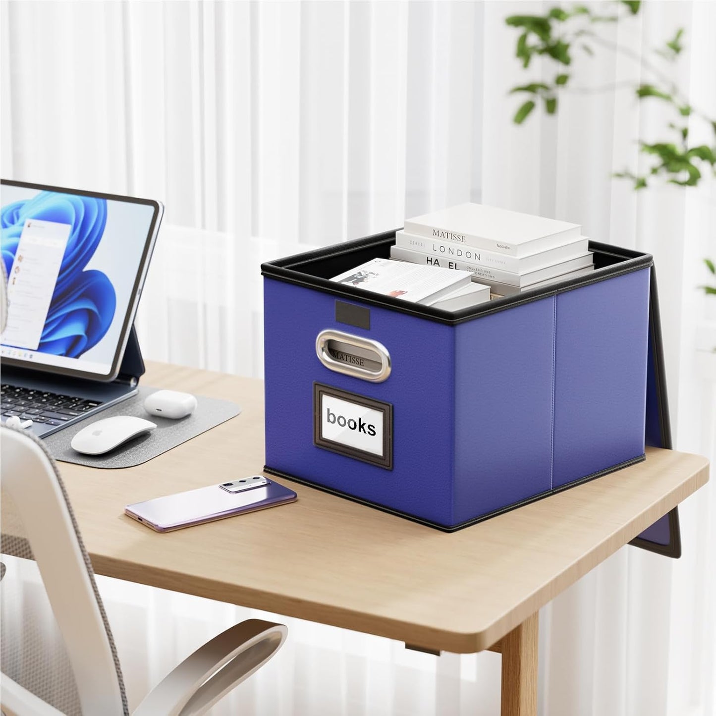 Huolewa Portable Leather File Organizer Boxes with Lids, Collapsible File Folder Organizer Boxes, Decorative Small Filing File Cabinet for Home/Office, Easily Store Documents/Hanging File Folders
