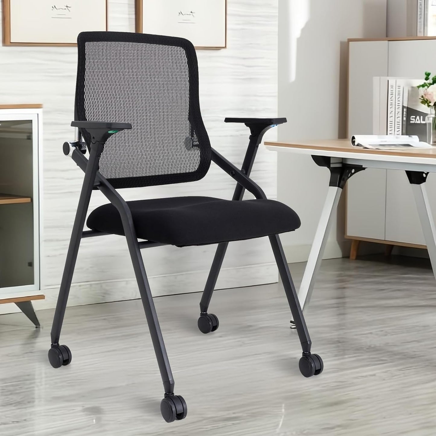 Updated Conference Room Chairs, Folding Office Desk Chair with Lumbar Support and Sliding Armrest with Casters, Stackable Office Guest Chairs & Reception Chairs, 1 Pack Black