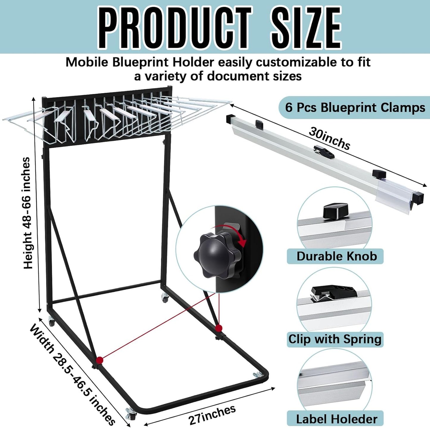 Estune Mobile Blueprint Holder Rack, Adjustable Mobile Blueprint Holder with 6 30 In Hanging Clamps 4 Wheels Poster Display Rack Storage Organizer Stand for File Display Plan Office Home(Black)