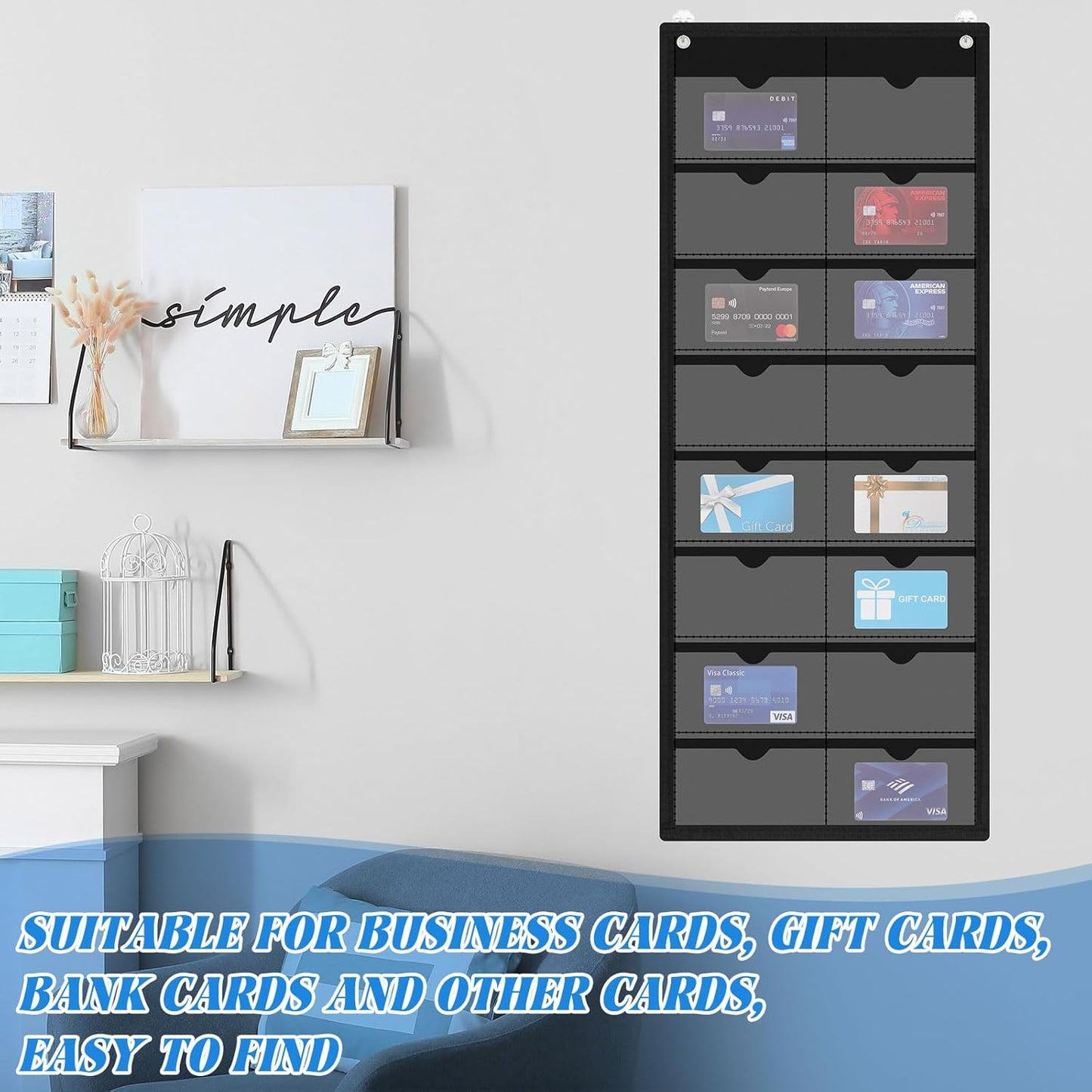 2 Pack 3'' x 5'' Index Card Holder Sleeve 16 Slot Plastic Organizer Hanging Wall Mount Business Note Cardholder PVC Clear Organizer Pocket for Classroom Office Library Home (Black)