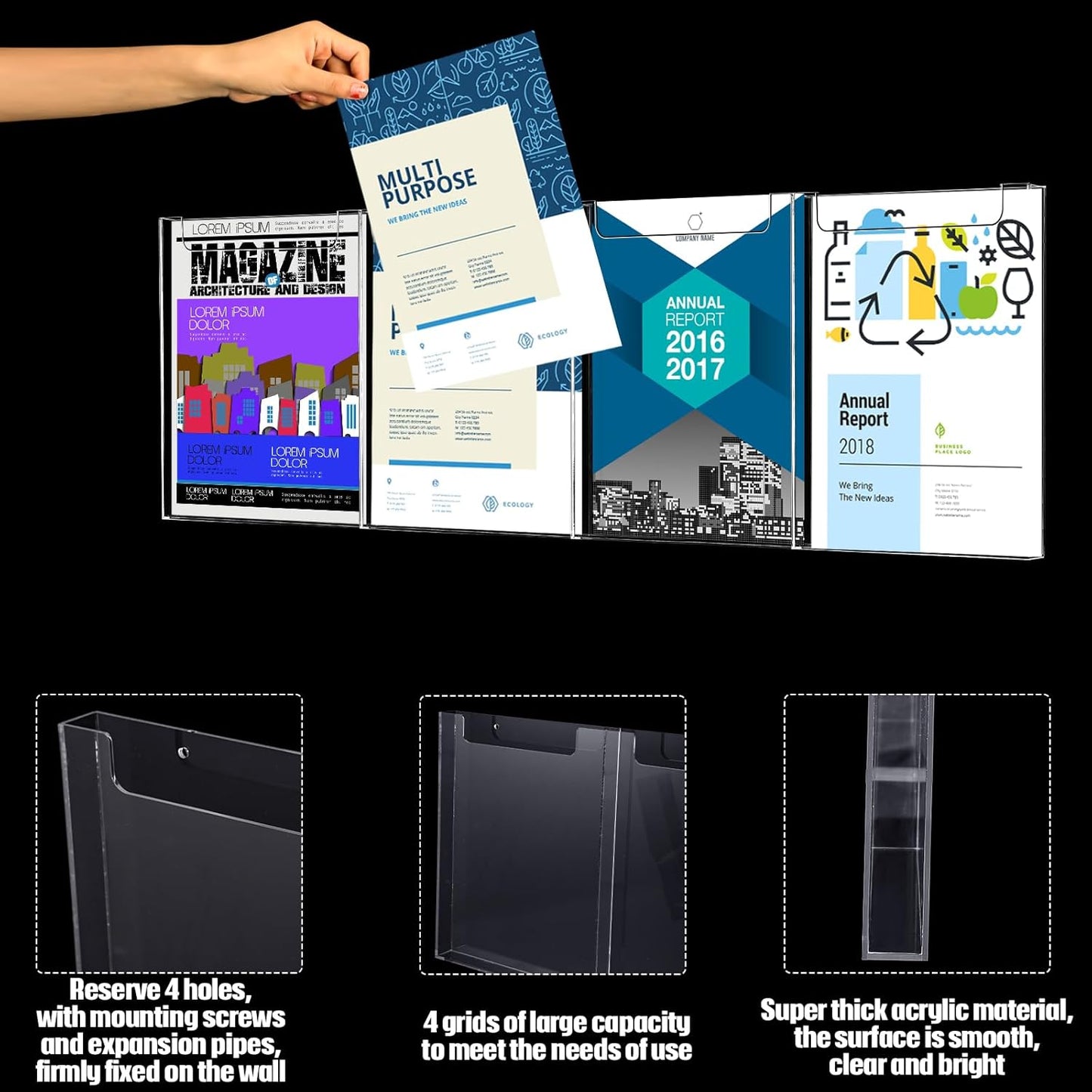 Barydat Acrylic Brochure Holder, 8.5 x 11 Inch Flyer Magazine Display Wall Mount Pamphlet Rack Clear Plastic Brochure Stand Literature Holder for Office Classroom Home (4 Pockets)