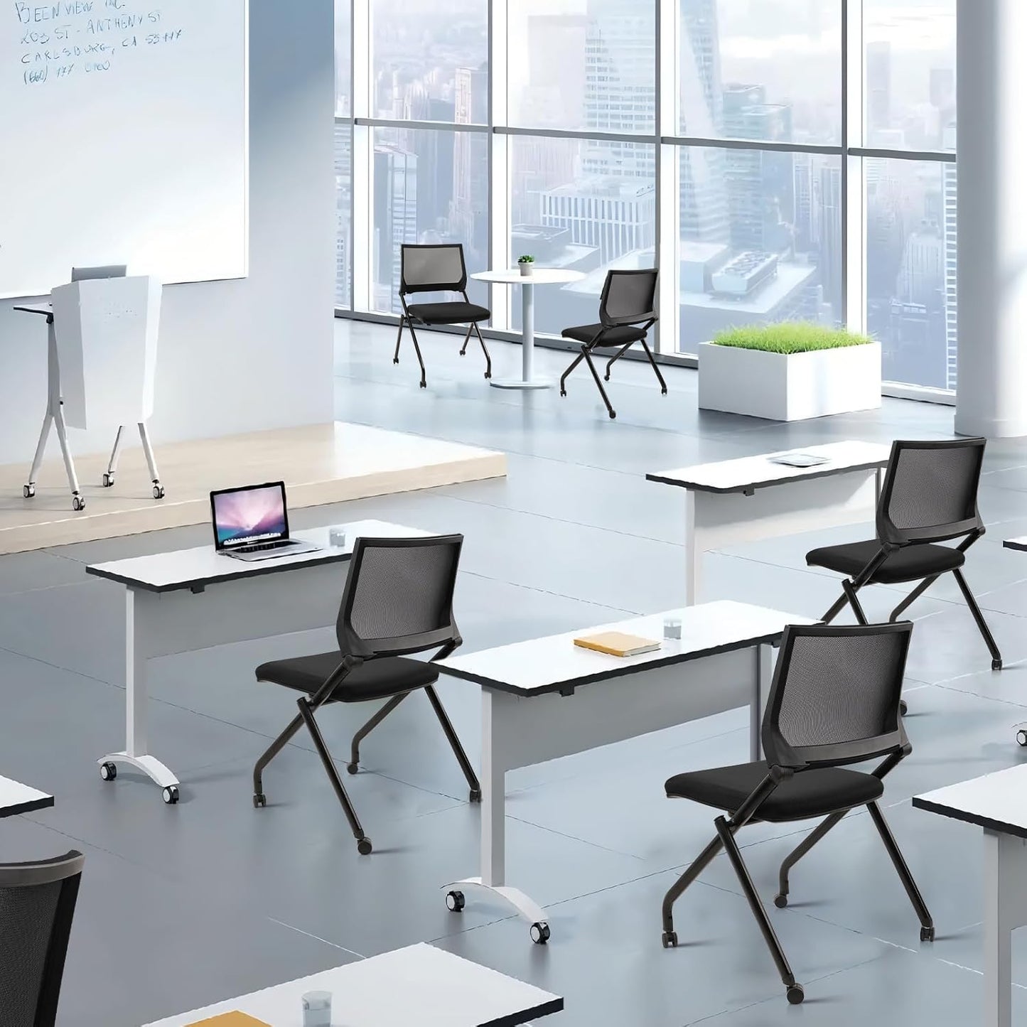 CLATINA Stackable & Foldable Conference Room Chairs, Waiting Room Chairs with Wheels & Lumbar Support, Ergonomic Mesh Bouncing Back Folding Chair for Office Meeting Schools Training Room, Black(4pk)