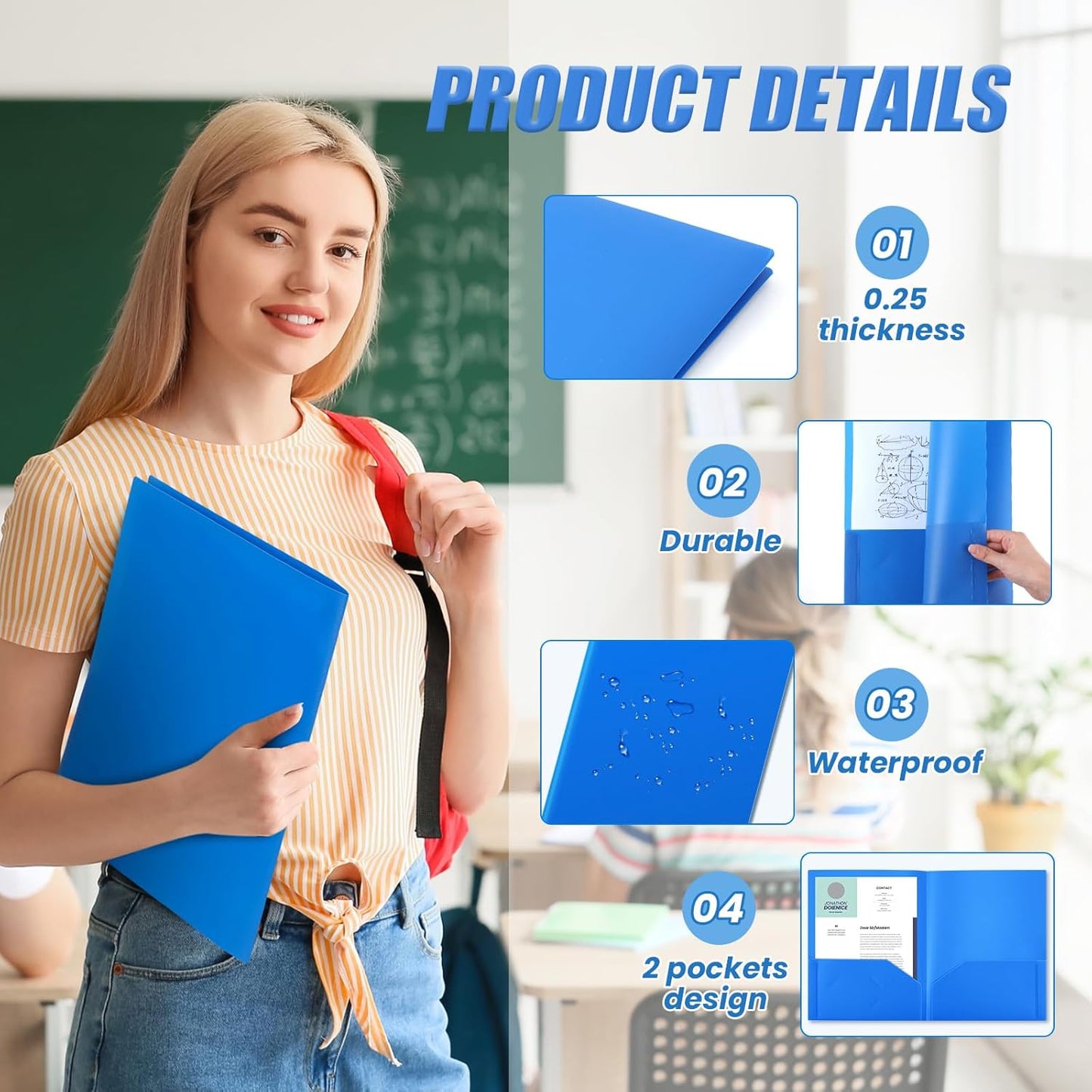 Gueevin 24 Pcs Plastic Folders with Pockets, Back to School Two Pocket Folder Fit Letter Size, Heavy Duty School Business Card Holder for Home Office, 11. 61 x 9. 45 Inches (Blue)