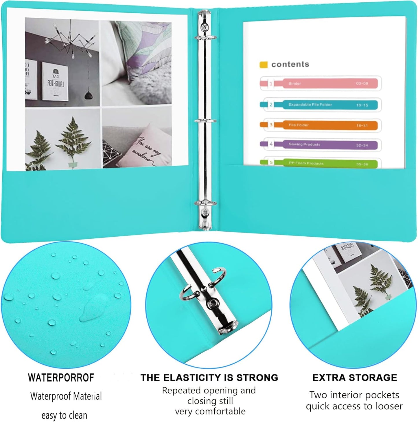 3 Ring Binders,1” Round Ring, Holds 8.5 * 11inch Papers, with 2 Pockets,6 Colors Binder Assorted Pack