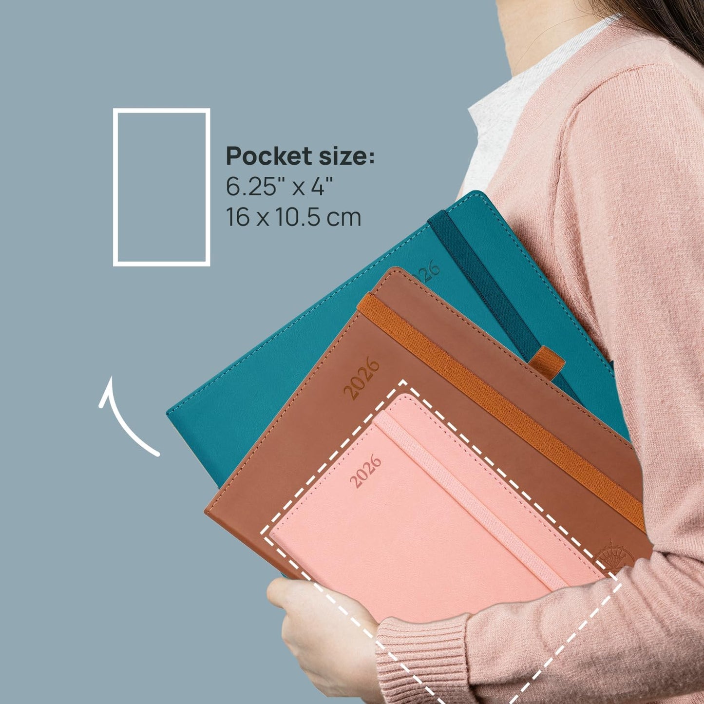 POPRUN Pocket Calendar 2026 (Small Size- 4'' x 6.25") Weekly and Monthly for Purse - Planner 2026 (Jan. 2026 - Dec. 2026) with Vegan Leather Soft Cover, Plastic Ruler, Pen Holder and More - Brown