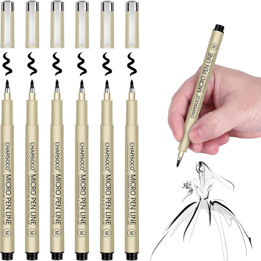 M Micro Pen, 6 Pack Black Fine Point Pen with Waterproof Archival Ink, 3mm Fineliner Ink Pens for Artist Illustration, Sketching, Anime, Manga, Technical Drawing and Scrapbooking