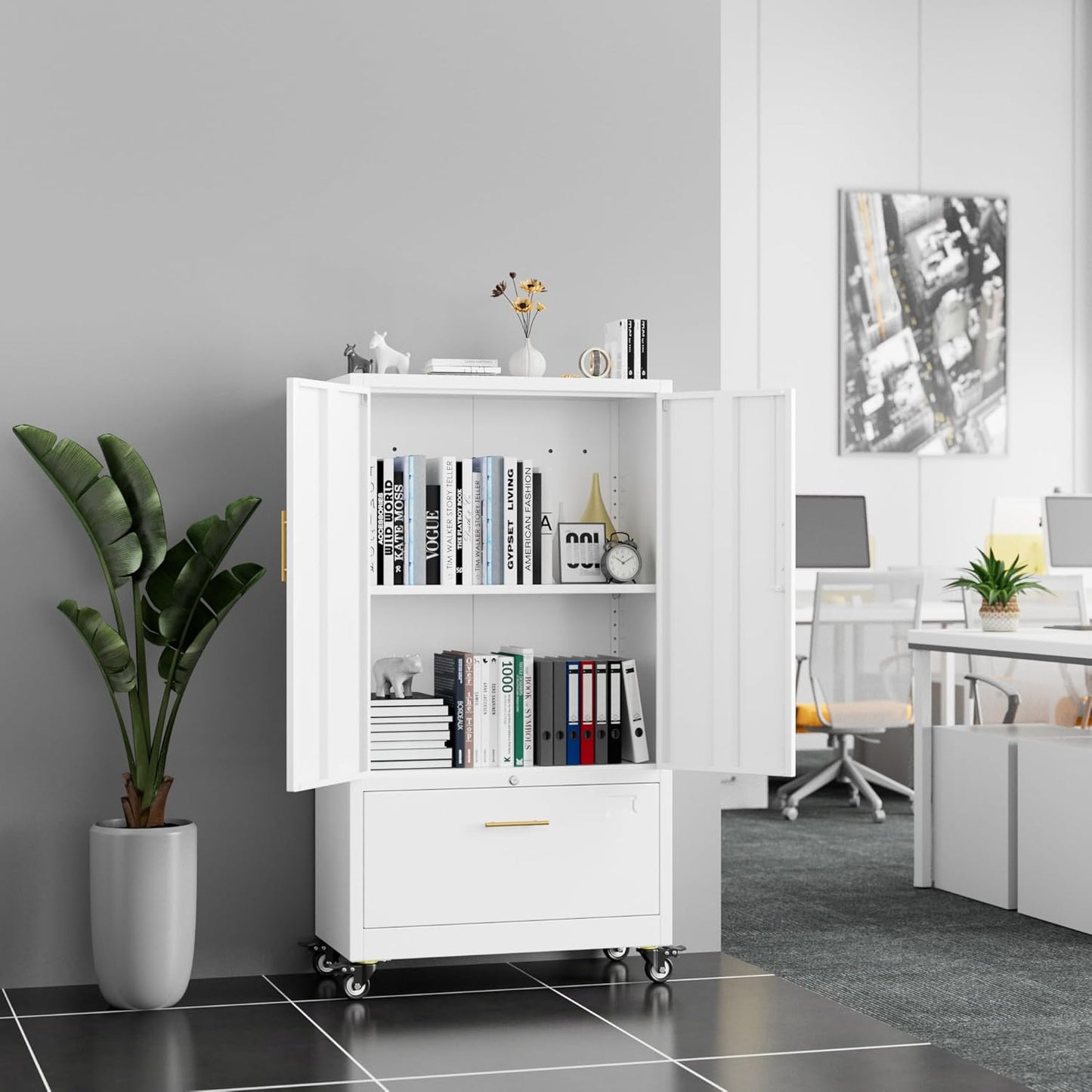 Aobabo Metal 1 Drawer Office File Cabinet with Lock and 2 Doors, Office Steel Files Cabinet with Wheels, Legal/Letter A4 Size, Assembly Required, White