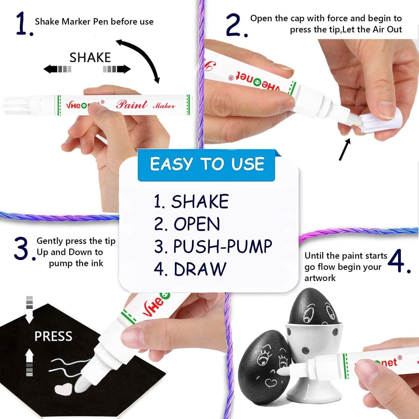 Purple Paint Pens marking pens Permanent Markers - 6 Pack Oil Based Waterproof Markers for Tire, Rubber,Wood, Rocks, Metal, Canvas,Plastic, Dark Surface,Craft office Supplies,Medium Point
