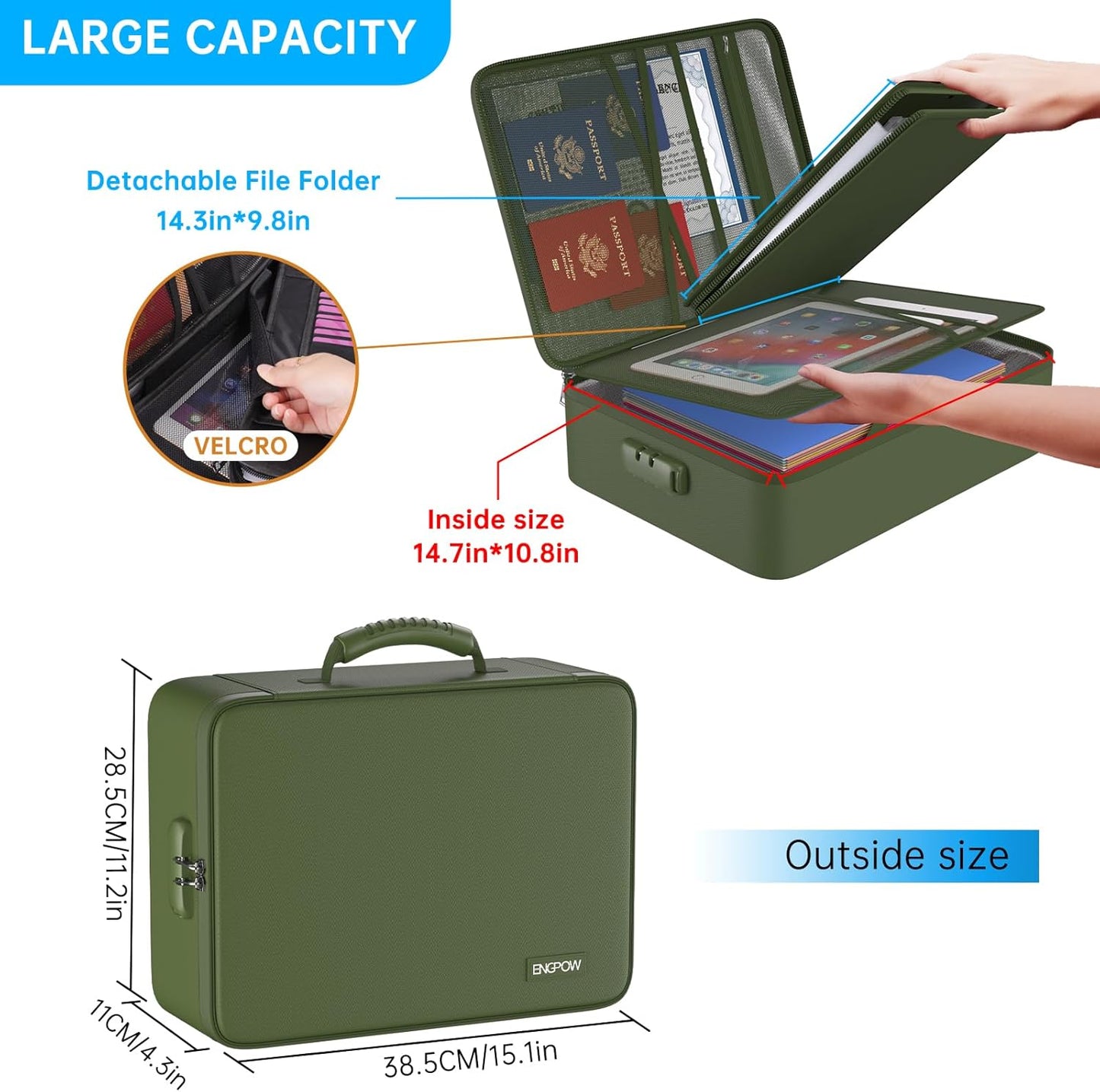 ENGPOW 5200℉ Fireproof File Organizer Bag with 13 Pocket Accordion File Folder,Document Organizer Box with Lock&Labels,Multi-Layer Portable Home Travel Safe Storage for Important Documents,Green