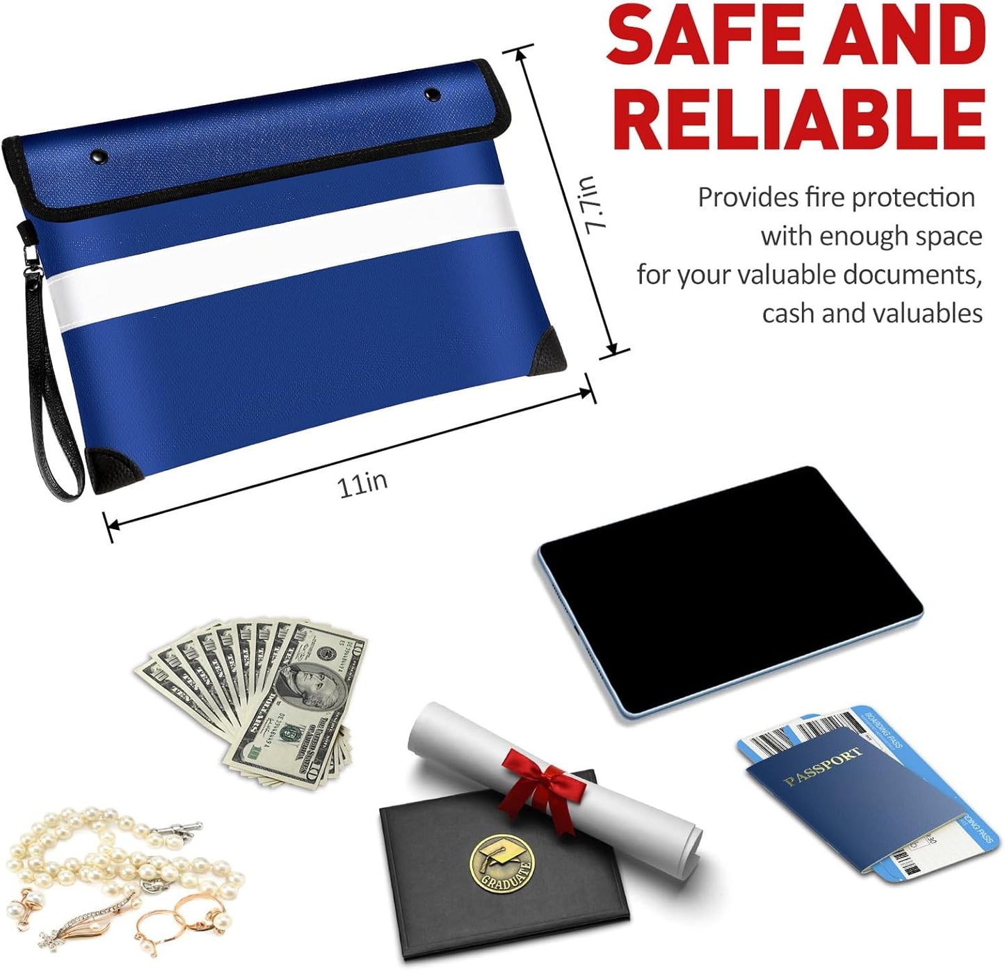 6200℉ Insulated Fireproof Money Bag for Cash,Water Fire Proof Document Pouch with Water-proof Zipper,Heat Resistant File Envelope for Insurance Policies, Bank Statements, and Jewelry (11"x7.7",Blue)