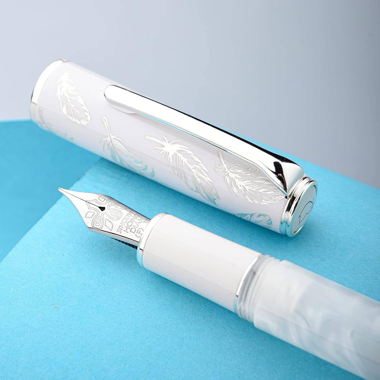 Hongdian N8 White Acrylic Resin Fountain Pen, Iridium Medium Nib Silver Plated Feather Carving Cap Smooth Writing Pen with Converter and Metal Pen Box Set