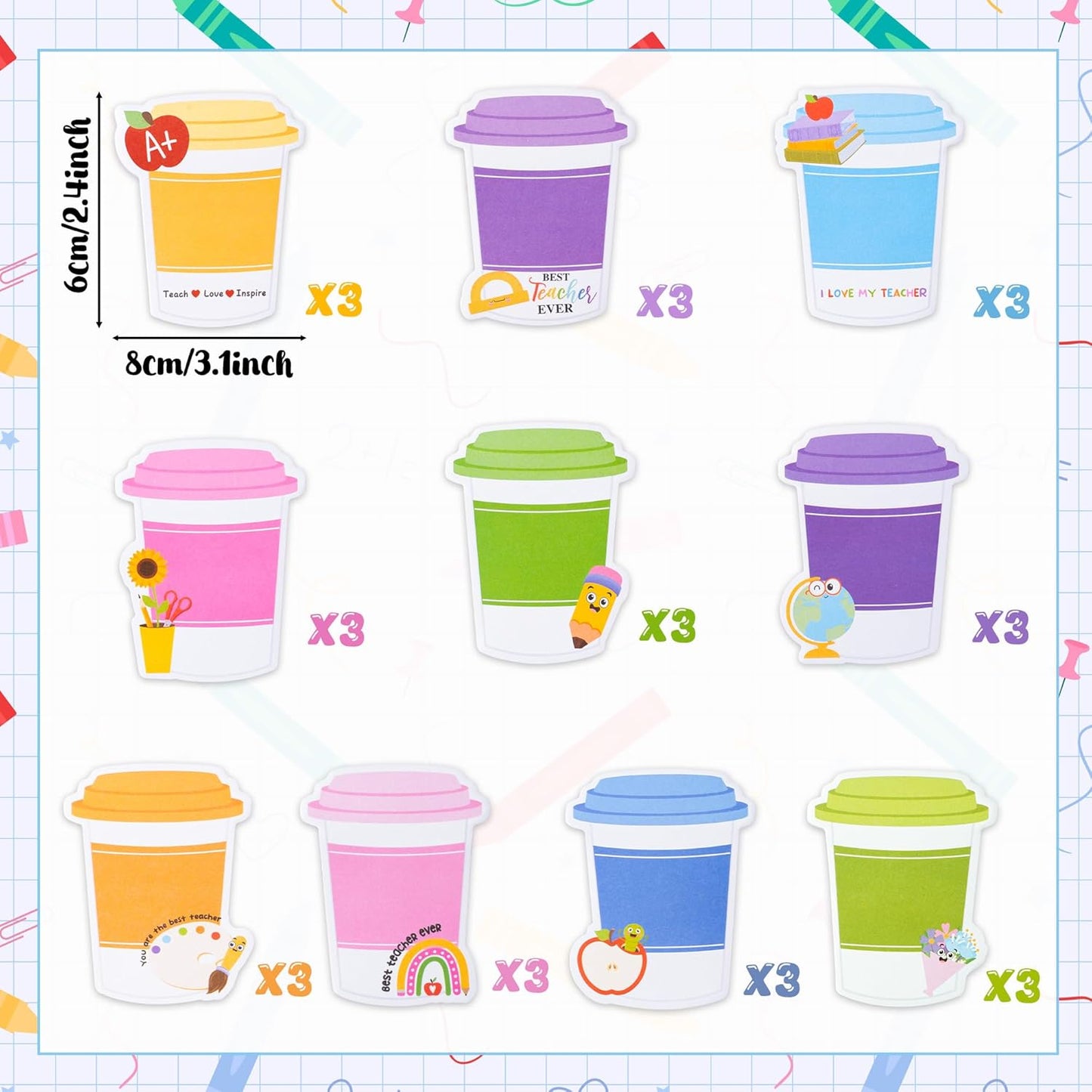 Xqumoi 30 Pack Teacher Sticky Notes - Funny Coffee Cup Self Sticky Notepads Writing Memo Pads for Teacher Appreciation Back to School Office Supplies Coffee Lover Gift Party Favors Goodies Bag Fillers