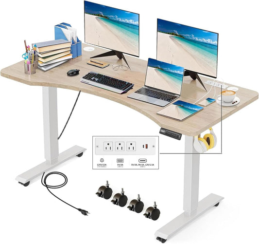 Electric Standing Desk 48 x 24 Inches Adjustable Height Ergonomic Sit Stand Up Desk Curved for Home Office Computer Workstation with 2 USB Ports 3 Power Outlets Memory Preset Wheels, Oak