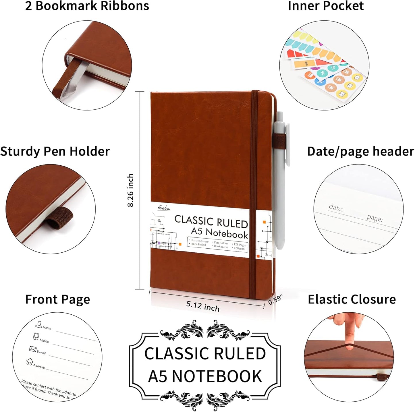 feela 12 Pack Notebooks Journals Bulk with 12 Black Pens, A5 Hardcover Notebook Classic Ruled Journal Set with Pen Holder for School Business Work Travel Writing, 120 GSM, 5.1”x8.3”, Brown