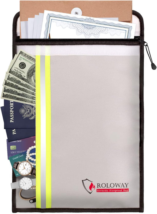 ROLOWAY Fireproof Document Bag (15 x 11 inch) with 2 Pockets, Fire Safe Envelope Bag for Cash, Legal Documents (Silver)