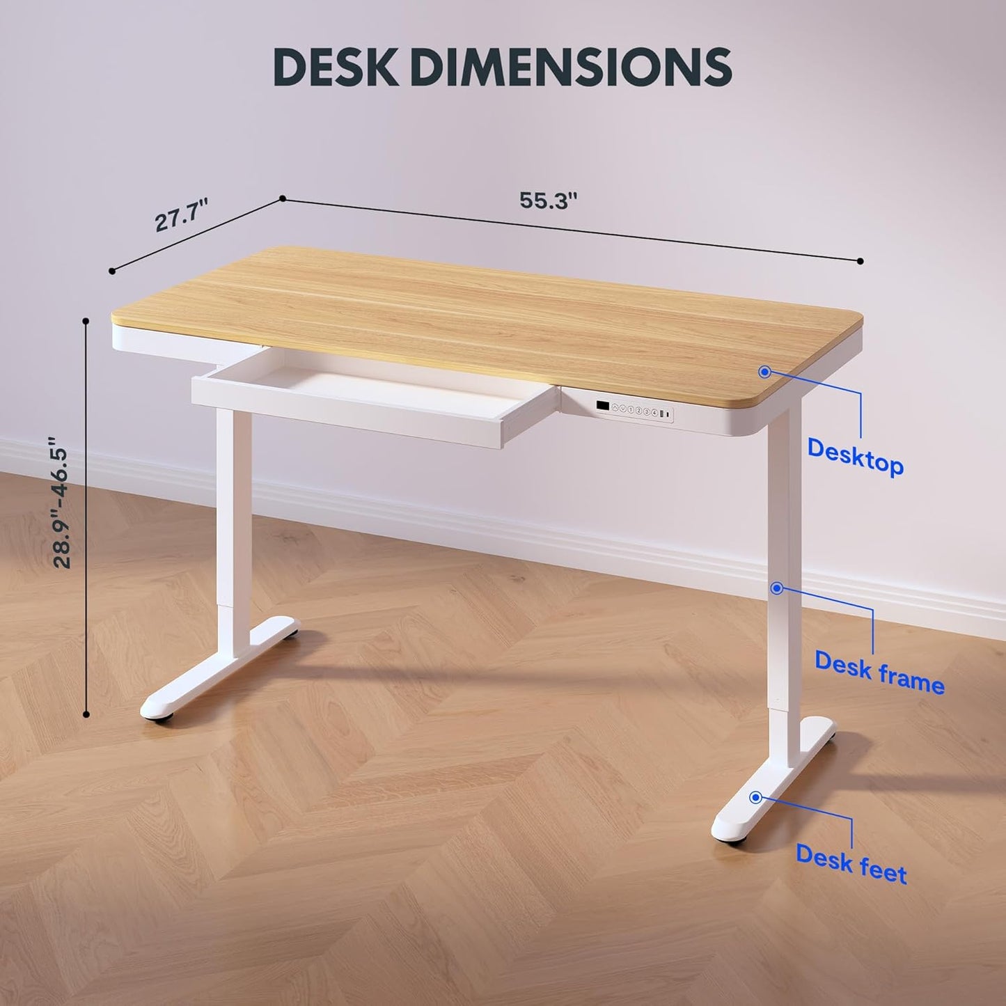 FLEXISPOT 55" Electric Standing Desk with Drawers, Quick Assembly Home Office Sit Stand Desk with Storage, USB Charging, Computer Desk for Home Office (Maple Top + White Adjustable Frame, Comhar)
