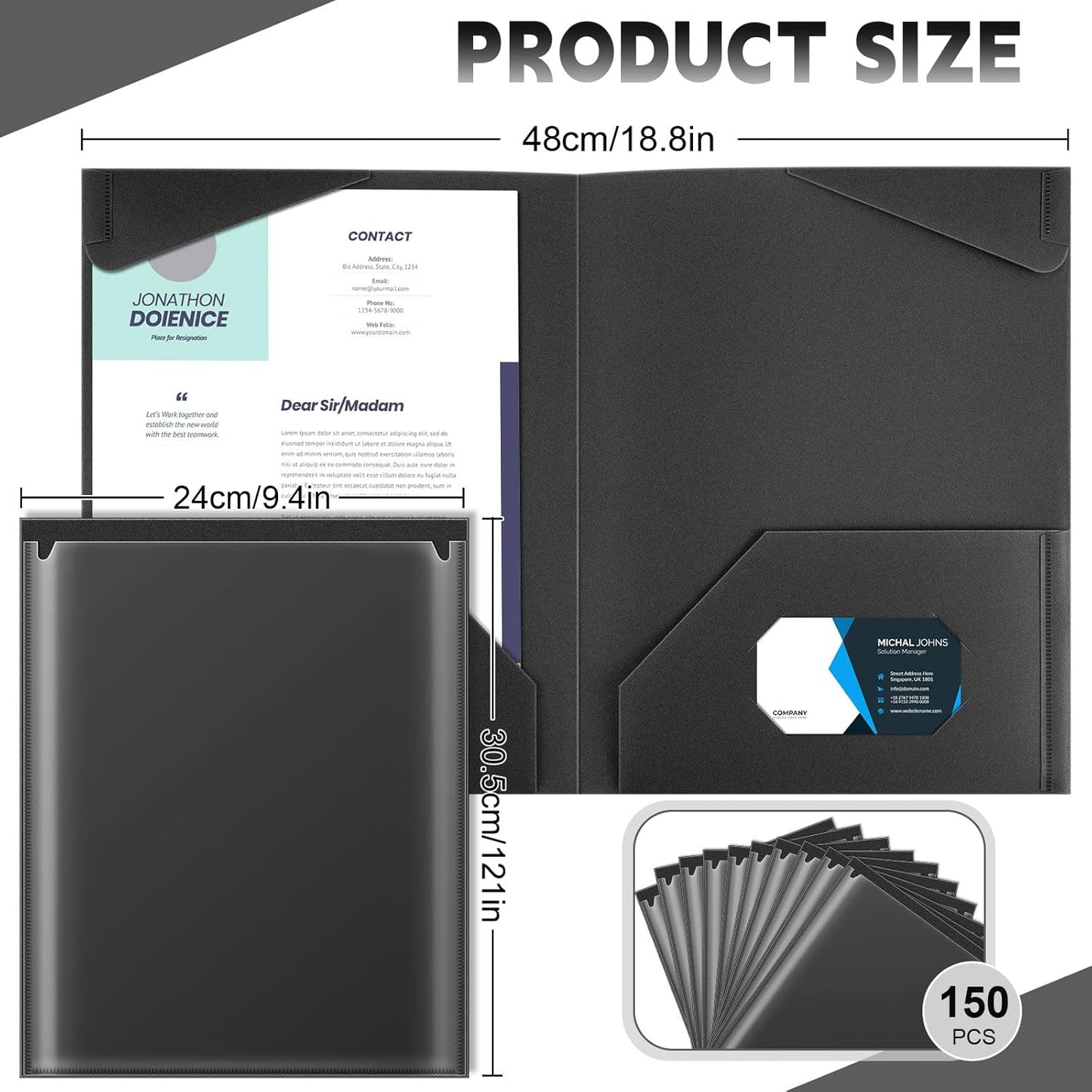 Henoyso 150 Pcs Plastic Folders with Clear Front Pockets Bulk Heavy Duty File Folders with 2 Pockets and Card Slot for Student Teacher Back to School Supplies Office Presentation (Black)