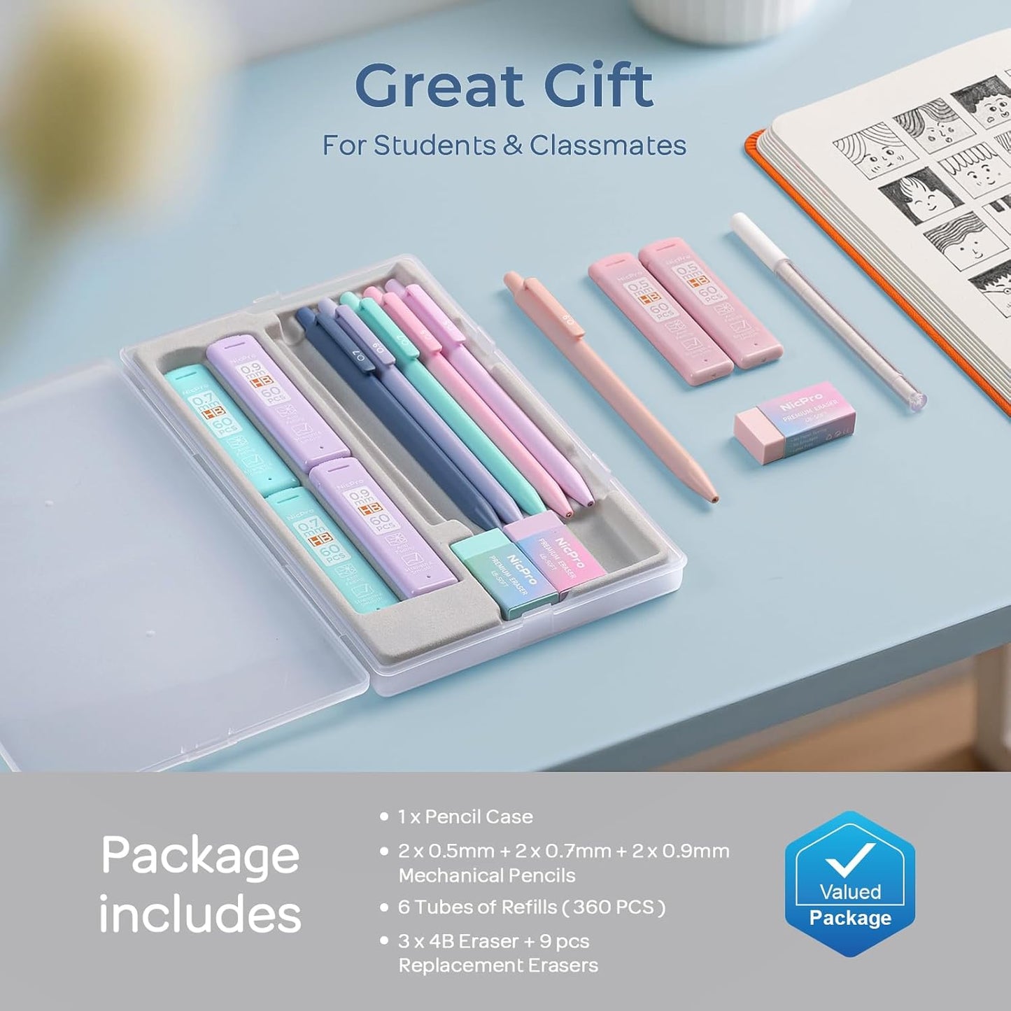 Nicpro 6PCS Pastel Mechanical Pencil Set with Case, Cute Drafting Pencils 0.5 mm & 0.7 mm & 0.9 mm with 6 Tubes HB Lead Refills, Erasers, Eraser Refills, Aesthetic School Supplies for Girls Writing