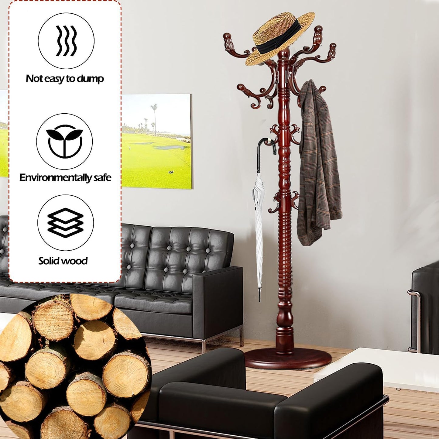 Coat Racks Free Standing with 14 Hooks, Natural Wood Coat Stands for Entryway, Adjustable Height 73 in Tree Coat Rack Stand for Hallway Home Office Bedroom (Mahogany)