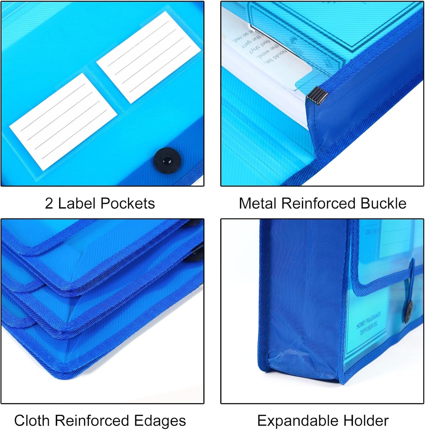 Eco-Friendly Plastic File Folders, 5 Pack Poly Expanding File Wallet, Expandable Envelope Organizer Document Folder with Elastic Band and Button Closure, with Small Two Pockets, Blue