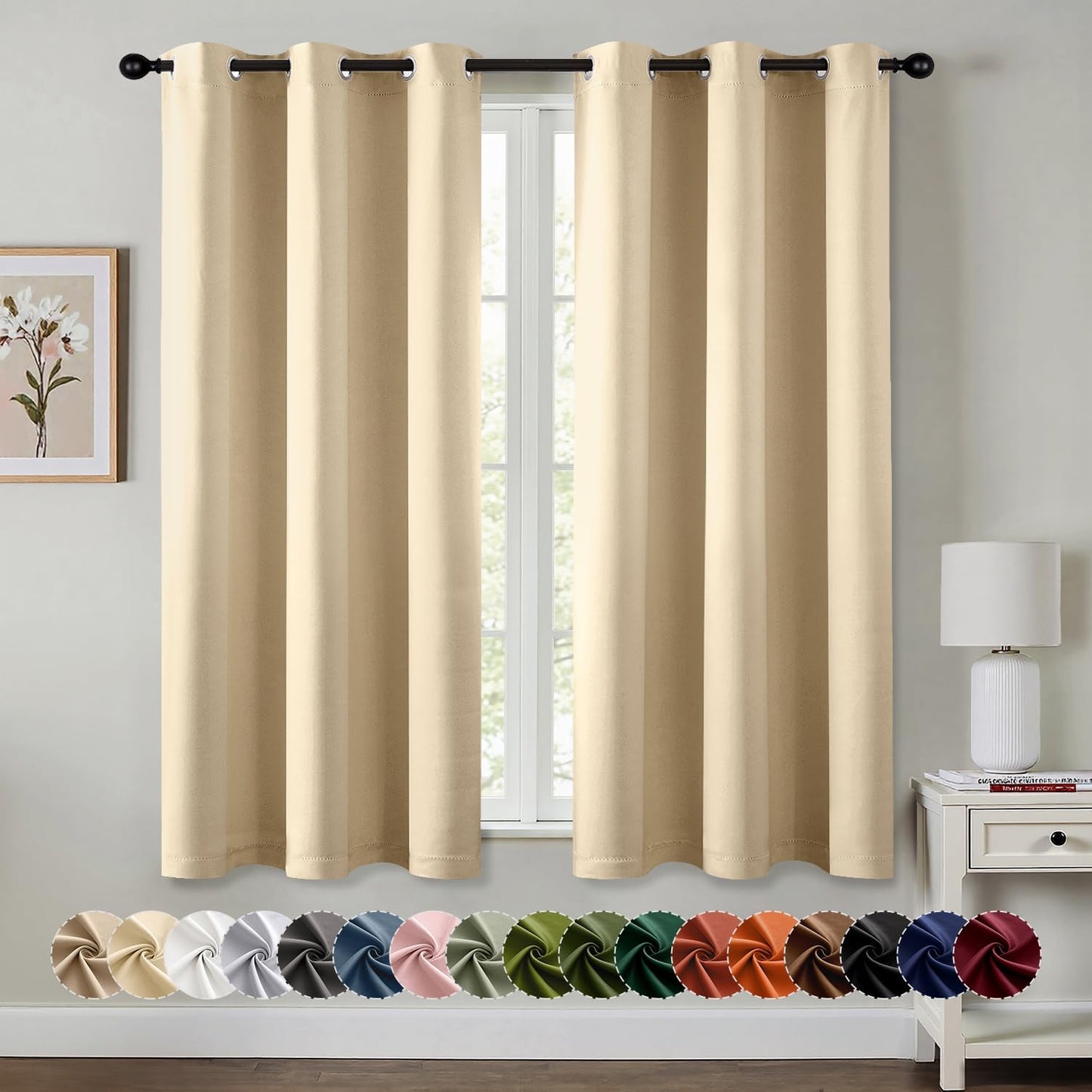MIULEE Cream Beige Blackout Curtains - Thermal Insulated Bedroom Curtains Room Darkening Drapes for Living Room Kitchen Grommet Top Light Blocking Window Treatment, 40 x 45 Inches Long, 2 Panels
