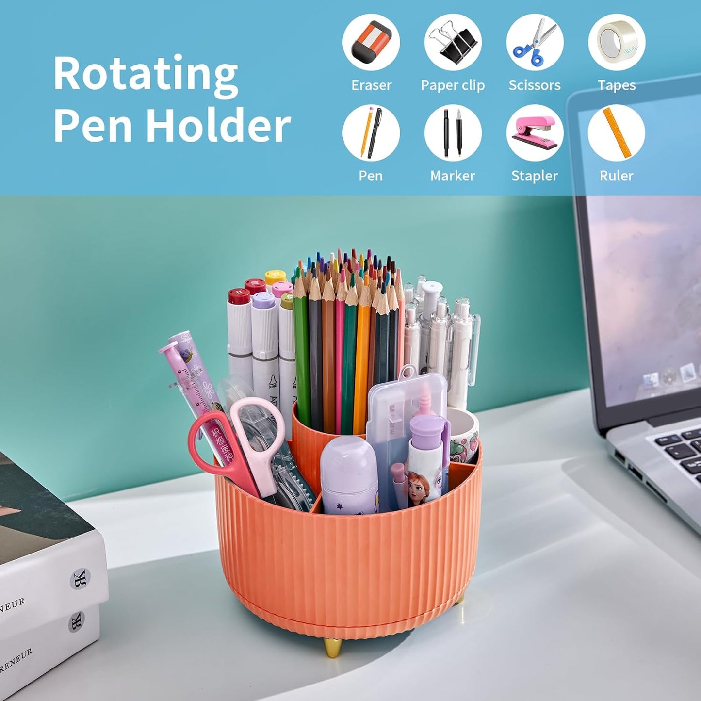 Marbrasse Desk Organizer, 360-Degree Rotating Pen Holder, Desk Organizers and Accessories with 5 Compartments Pencil Holder, Art Supply Storage Box Caddy for Office, Home（Orange）