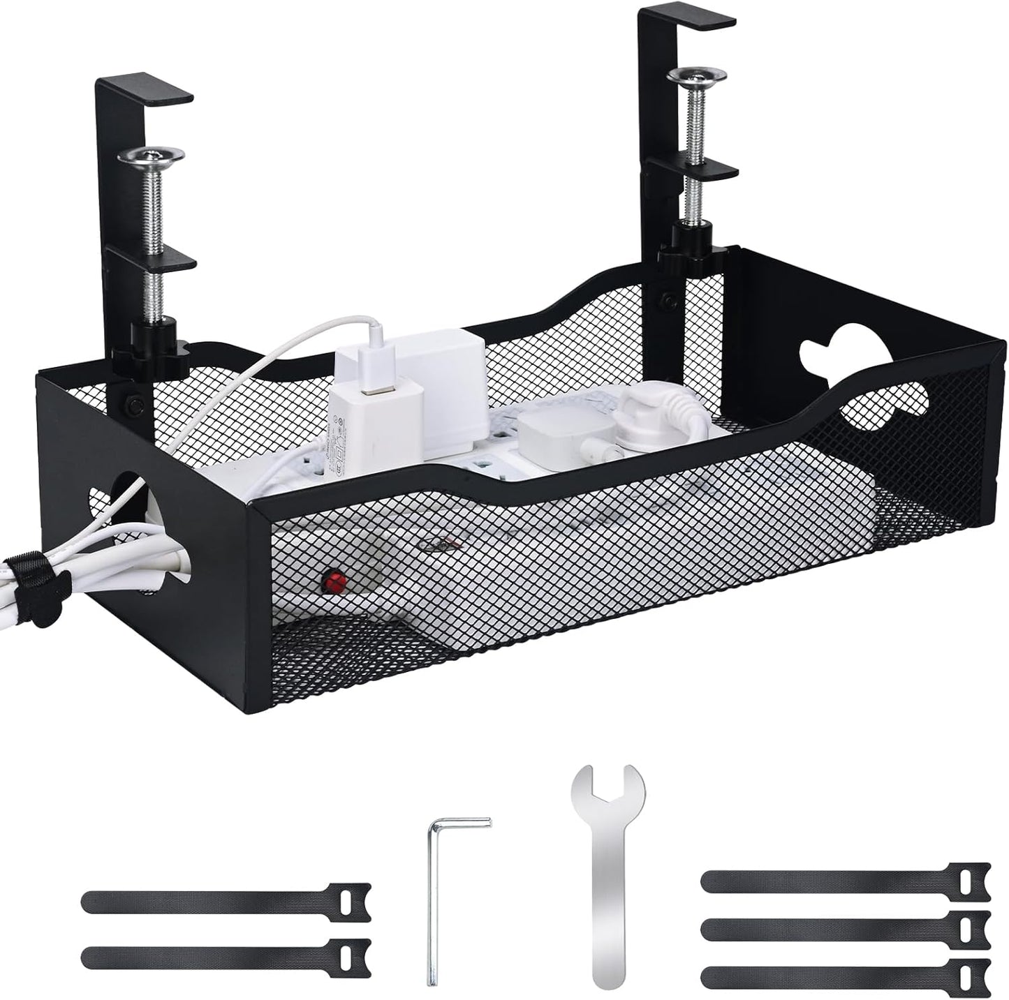Large Under Desk Cable Management Tray - Heavy Duty Metal Cord Organizer with No Drill Installation for Office & Home Office Desks to Hide Wires & Power Strips (Black, XL)