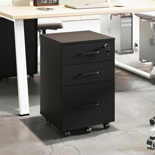 File Cabinet with Lock,3 Drawer Wood Rolling Filing Cabinets Under Desk for Home Office, Office Storage Cabinet fits Letter/A4 Size,Mobile Filing Cabinet Printer Stand,Black