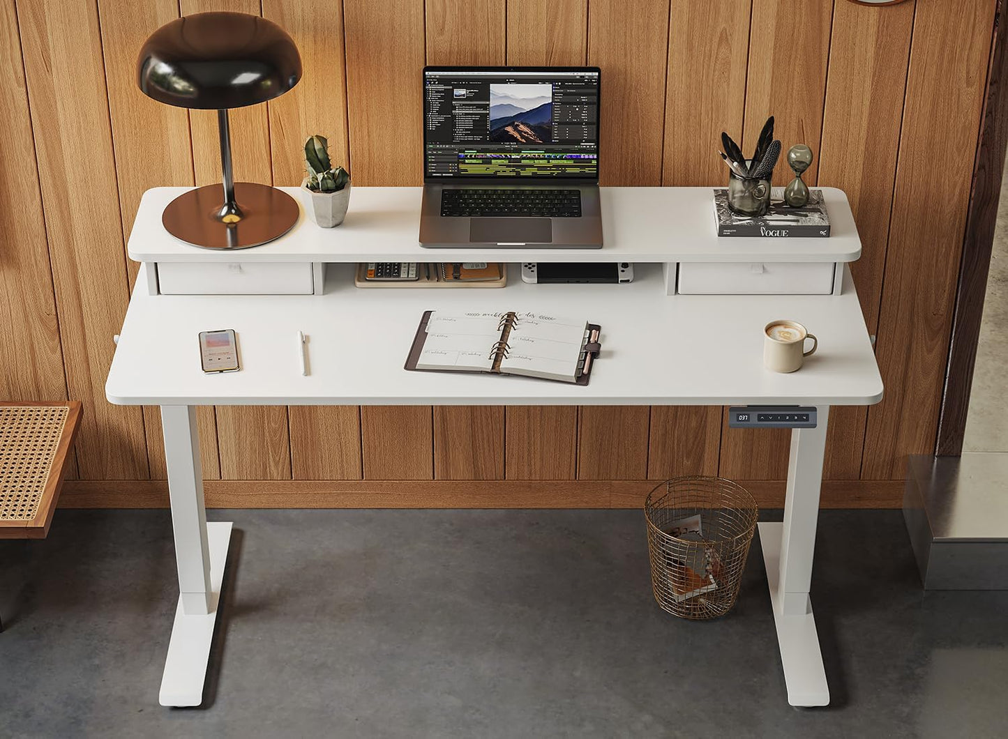FEZIBO 55 x 24 Inch Height Adjustable Electric Standing Desk with Double Drawer, Computer Desk, Home Office Stand Up Table with 4 Height-Adjustable Feets & 2 Hooks, White
