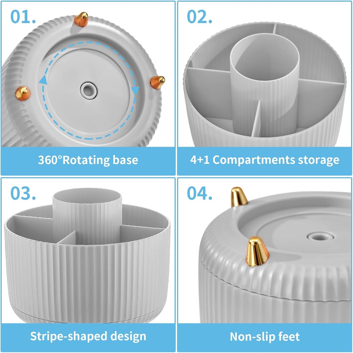 Marbrasse Desk Organizer, 360-Degree Rotating Pen Holder, Desk Organizers and Accessories with 5 Compartments Pencil Holder, Art Supply Storage Box Caddy for Office, Home (Grey)