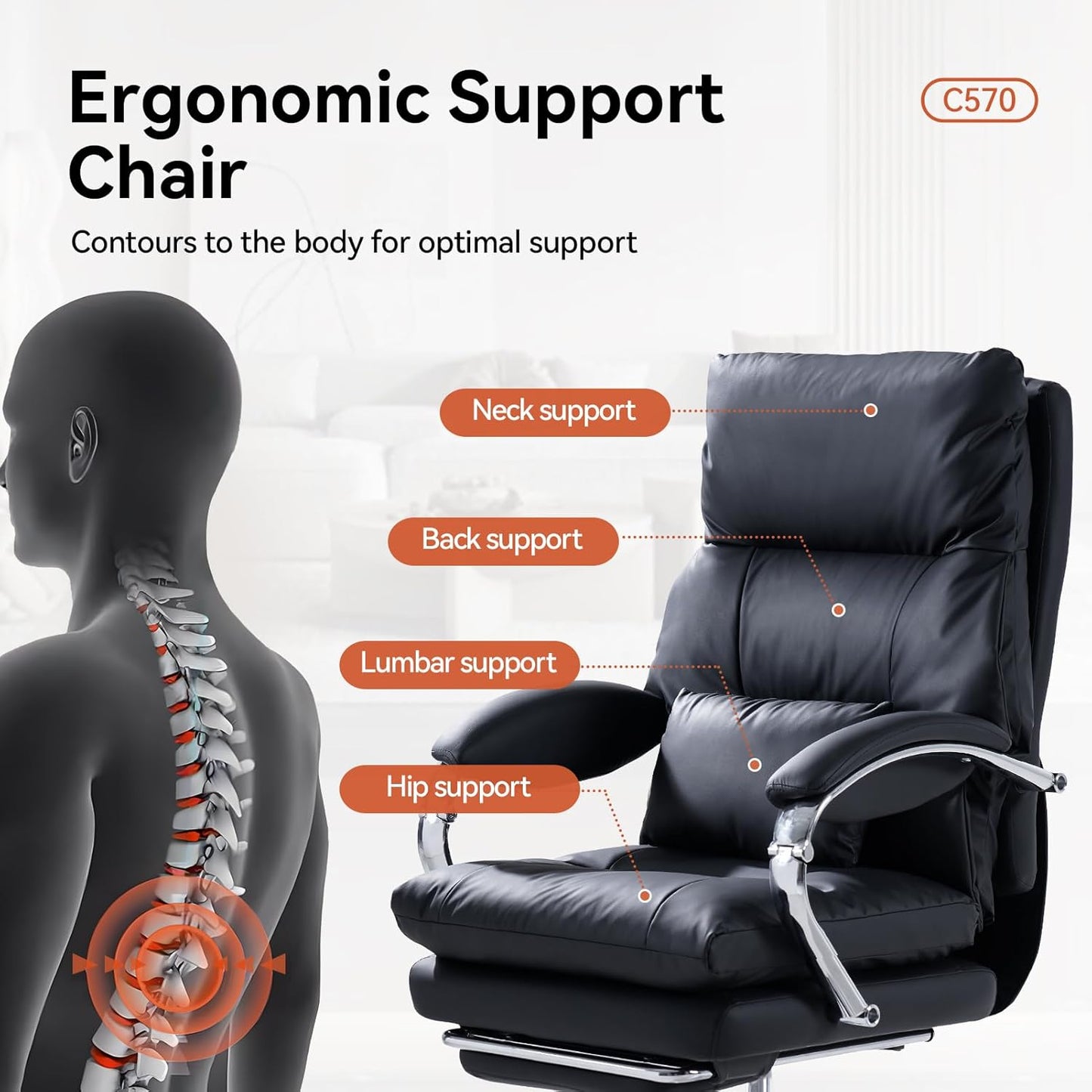 LEAGOO Reclining Office Chair with Foot Rest, Executive Office Chairs with Arms, Ergonomic High Back PU Leather Comfy Swivel Computer Desk Chairs with Wheels and Lumbar Support for Home Office, Black