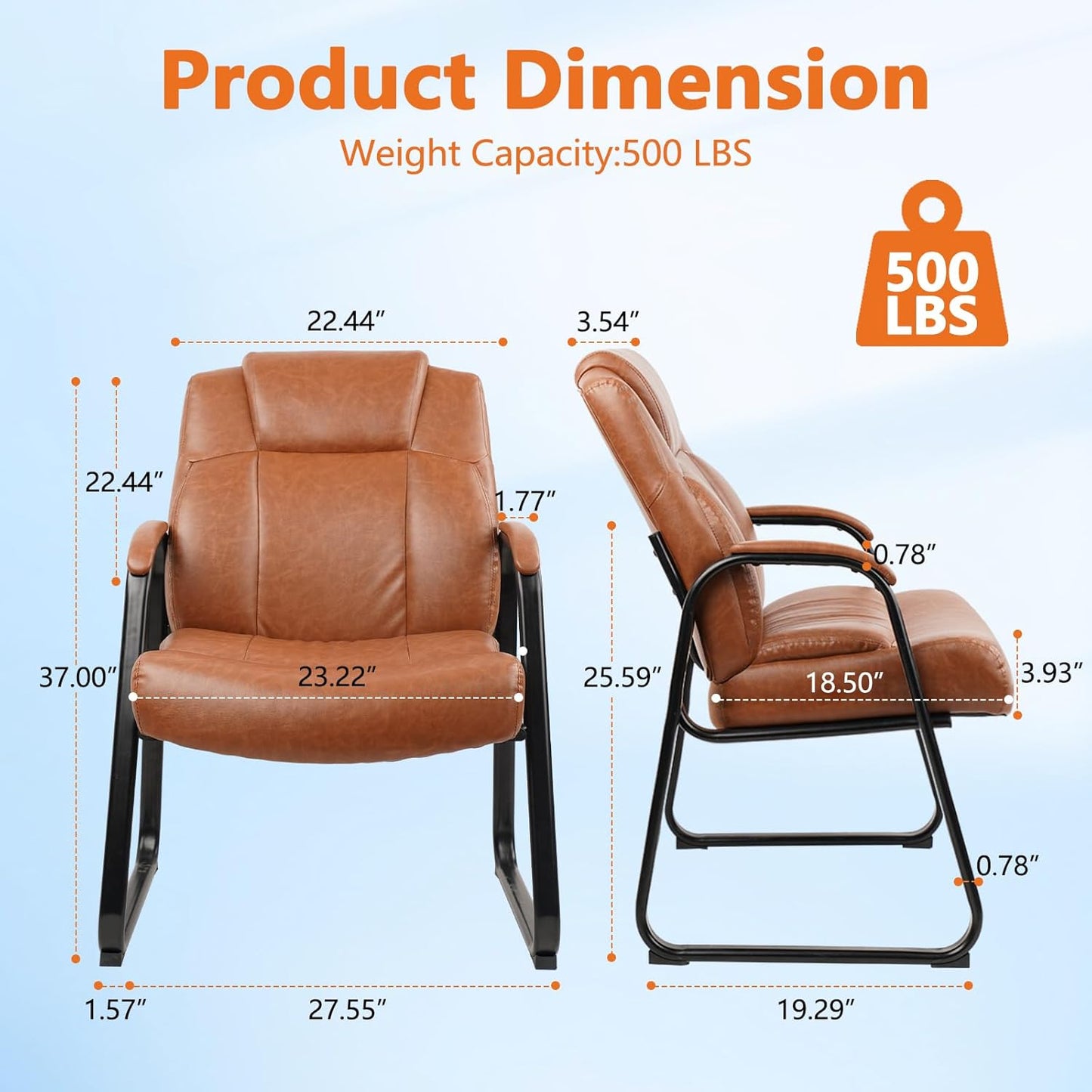 CLATINA Big & Tall 500 lb. Guest Chair, PU Leather Office Reception Chairs with Sled Base, Desk Chair No Wheels for Waiting Room Conference Lobby Computer Living Room, Brown, 2 Pack