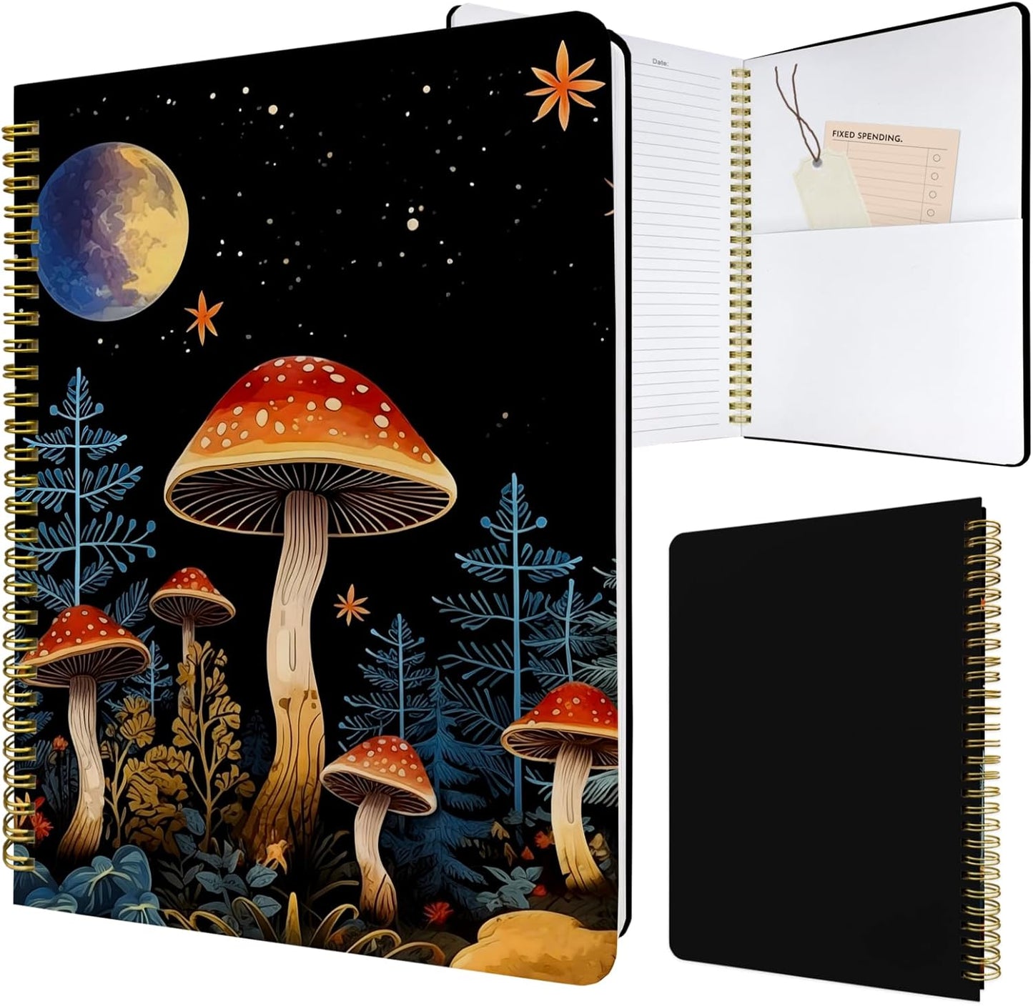 Cute Spiral Notebook journal B5 Aesthetic Pretty Design for Women Girls Kawaii with Pocket, 10 x 7.2 inch, Lined, Moon Mushroom