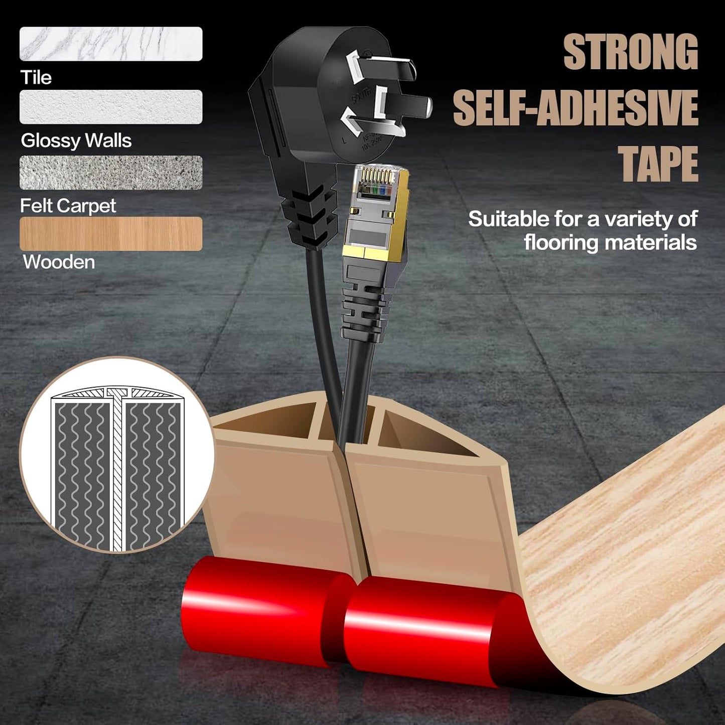 Floor Cord Cover Self Adhesive Cord Hider,3.3FT Cable Management, Extension Strip Protector for Wires, Prevent Cable Trips for Offices, Gyms, Exhibitions Cavity:0.51"(W) x0.3(H) WoodLightyellow