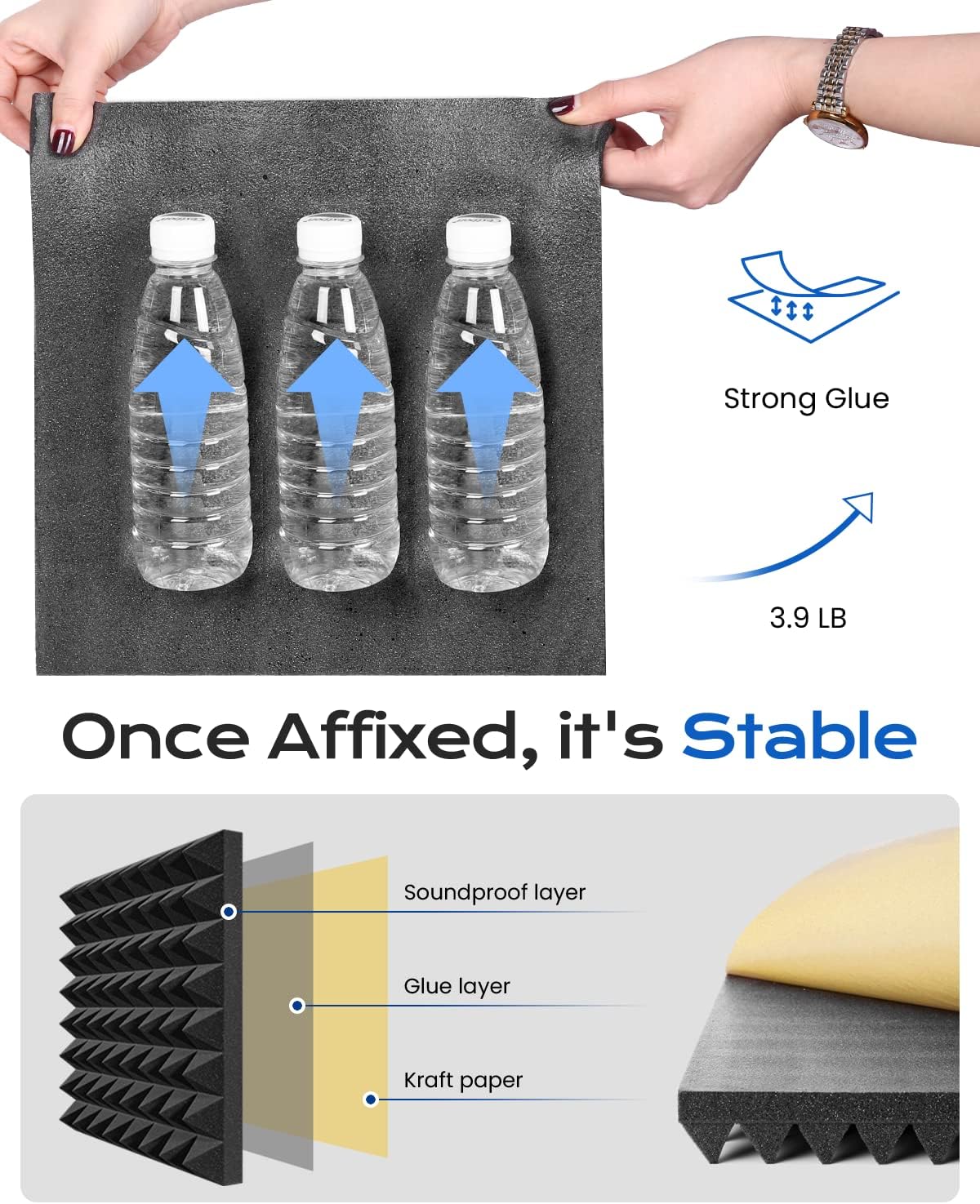 Sonicism Sound Proof Foam Panels for walls Self-Adhesive 30 Pack Pyramid 12" X 12" X 2" Acoustic Panels 35kg/m³High Density,Soundproof Wall Panels Fast Expand,Sound Absorption and Decoration,Black