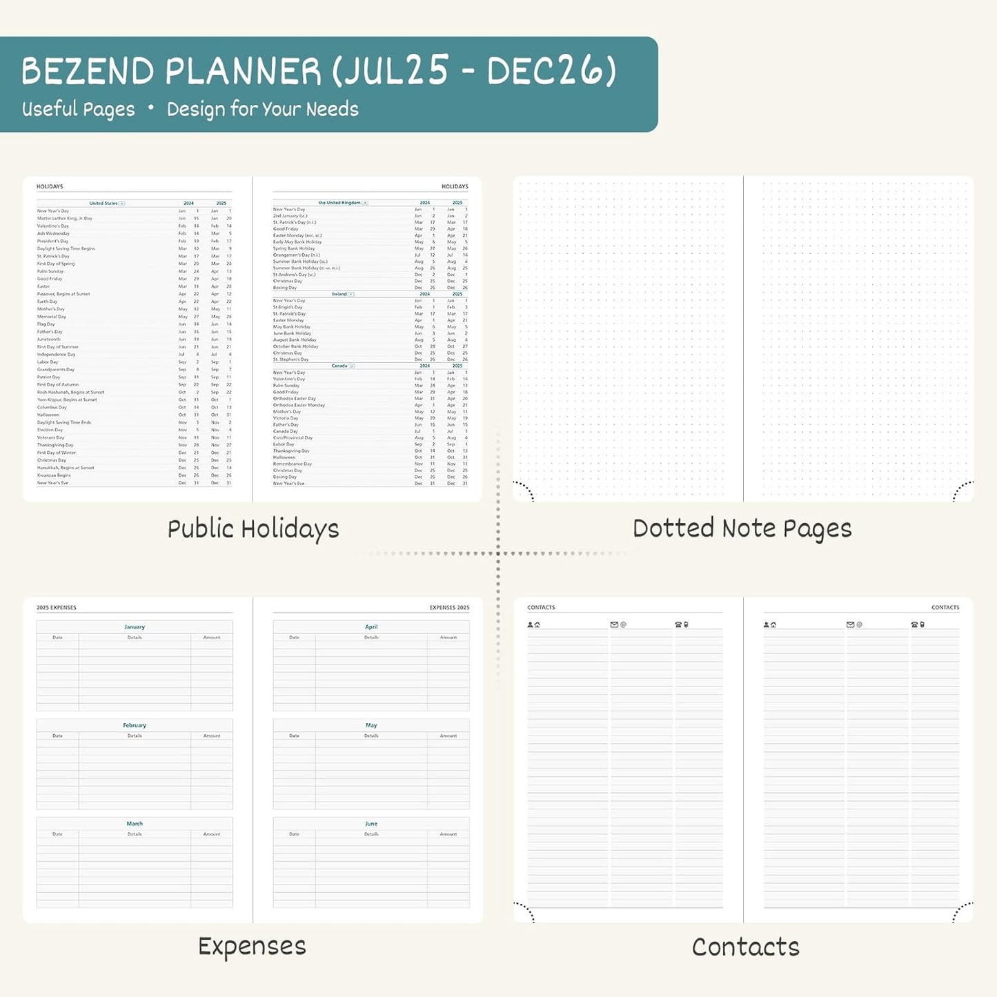 BEZEND Planner 2025-2026 Weekly and Monthly, 5.8" x 8.5" Academic Calendar (Jul 25-Dec 26) Vertical Daily Appointment with Hourly Timeslot & Monthly Tab, Spiral, PU Leather Softcover - Cornflower