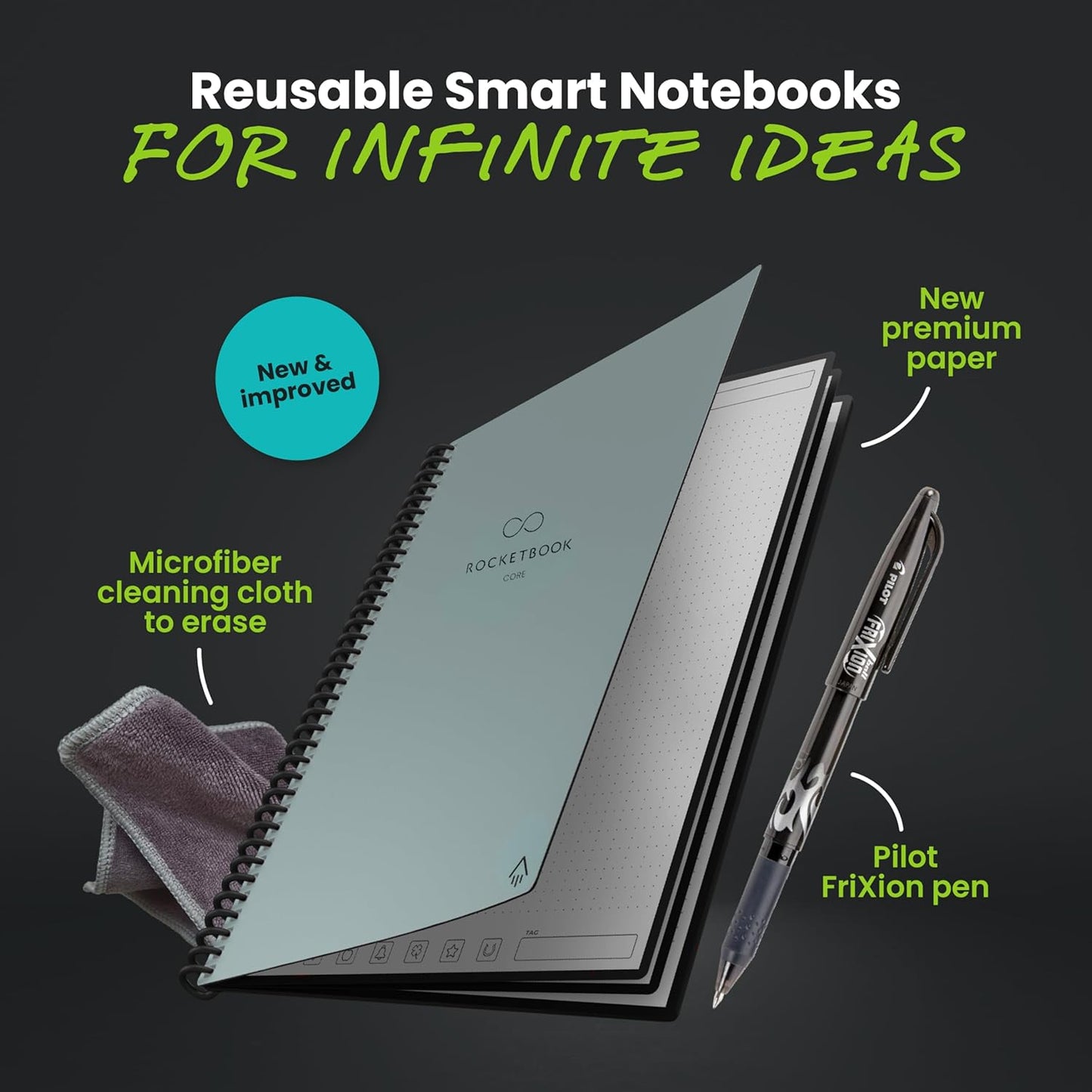 Rocketbook New Core Reusable Spiral Notebook, Letter Size 8.5x11, Gray - Dotted Pages, App-Connected, Erasable, Durable Cover, Ideal for School, Work, and Creative Projects