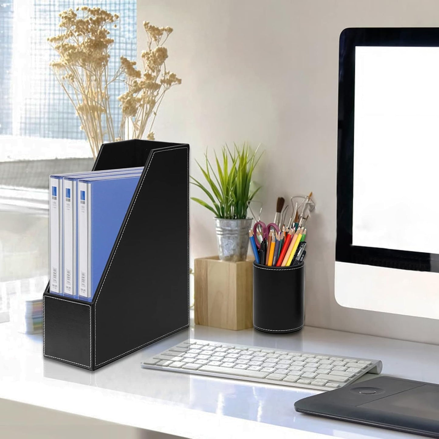 6 Piece Office Supplies/Desk Organizer Set with Desktop Leather Writing Pad,File Paper Tray,Magazine folder Holder, Pen Cup,Sticky Note Holder,Letter Mail Sorter,Workspace Decor for Women Men Black