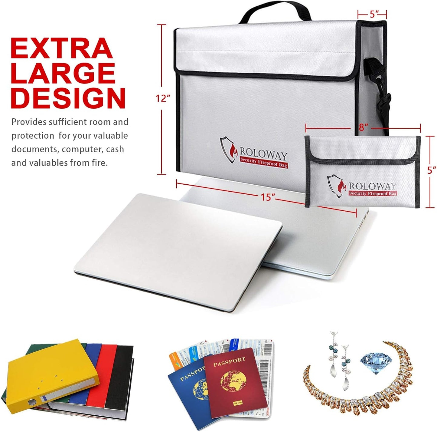 ROLOWAY Fireproof Document & Money Bags, Large Fireproof & Water Resistant Bag (15 x 12 x 5 inches), Fireproof Folder Safe Bag for Cash, Valuables & Passport, with Silicone Coating & Zipper Closure