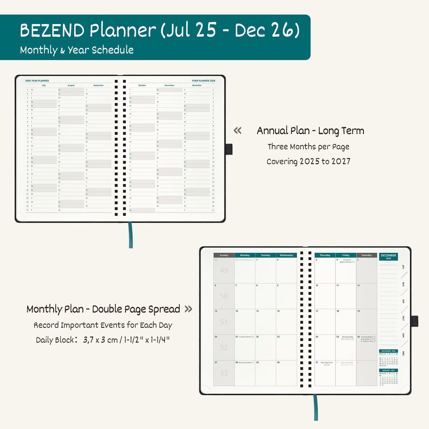 BEZEND Weekly Planner 2025-2026 with 2 Columns, 5.8" x 8.5" Academic Calendar 18 Months (Jul 25-Dec 26) Life Work Appointment Book with Monthly Tab, PU Leather Softcover Spiral - Fruit Green