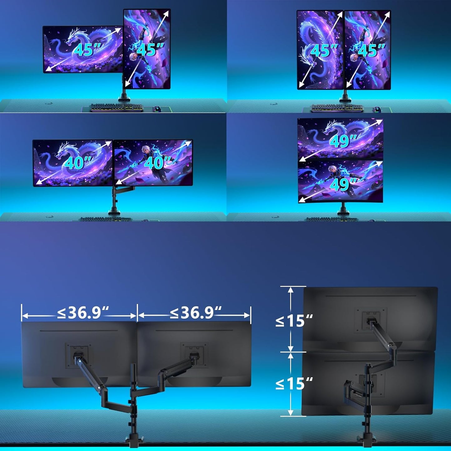 WALI Dual Monitor Mount for Ultrawide Heavy Duty Curved Monitor Stacking, Dual Monitor Arm Fits 17-49 Inch for Ultrawide Screens up to 44lbs, 49 inch Monitor Arm, Black