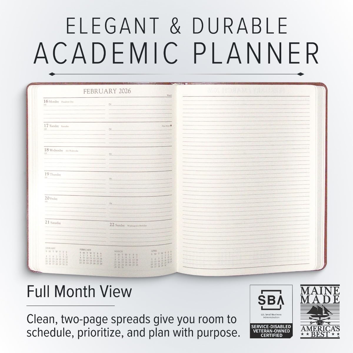 Gallery Leather Academic Planner 2025-2026, Teacher and Student Weekly Monthly Planner, Elegantly Bound Calendar with Gold-Gilded Page Edges, 18 Months - Acadia Navy - US Navy - 9x7"
