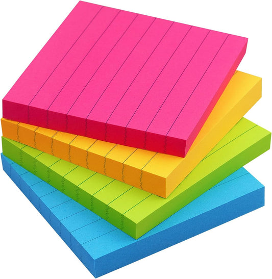Lined Sticky Notes 3x3 Sticky Notes with Lines Self-Stick Notes Bright Color 4 Pads 90 Sheets/Pad (Bright)