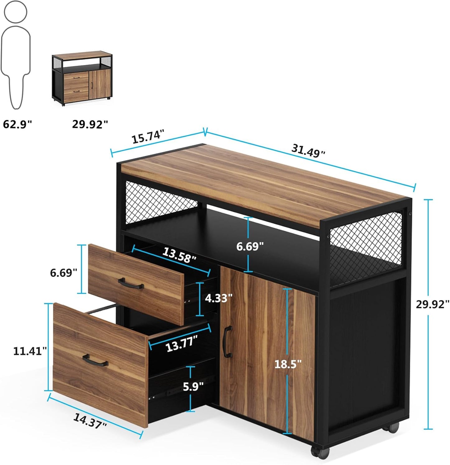 Tribesigns Modern File Cabinet with Drawers for Letter-Size, Lockable lateral Filing Cabinet Printer Stand with Door& Caster for Home Office.Desk Not Included
